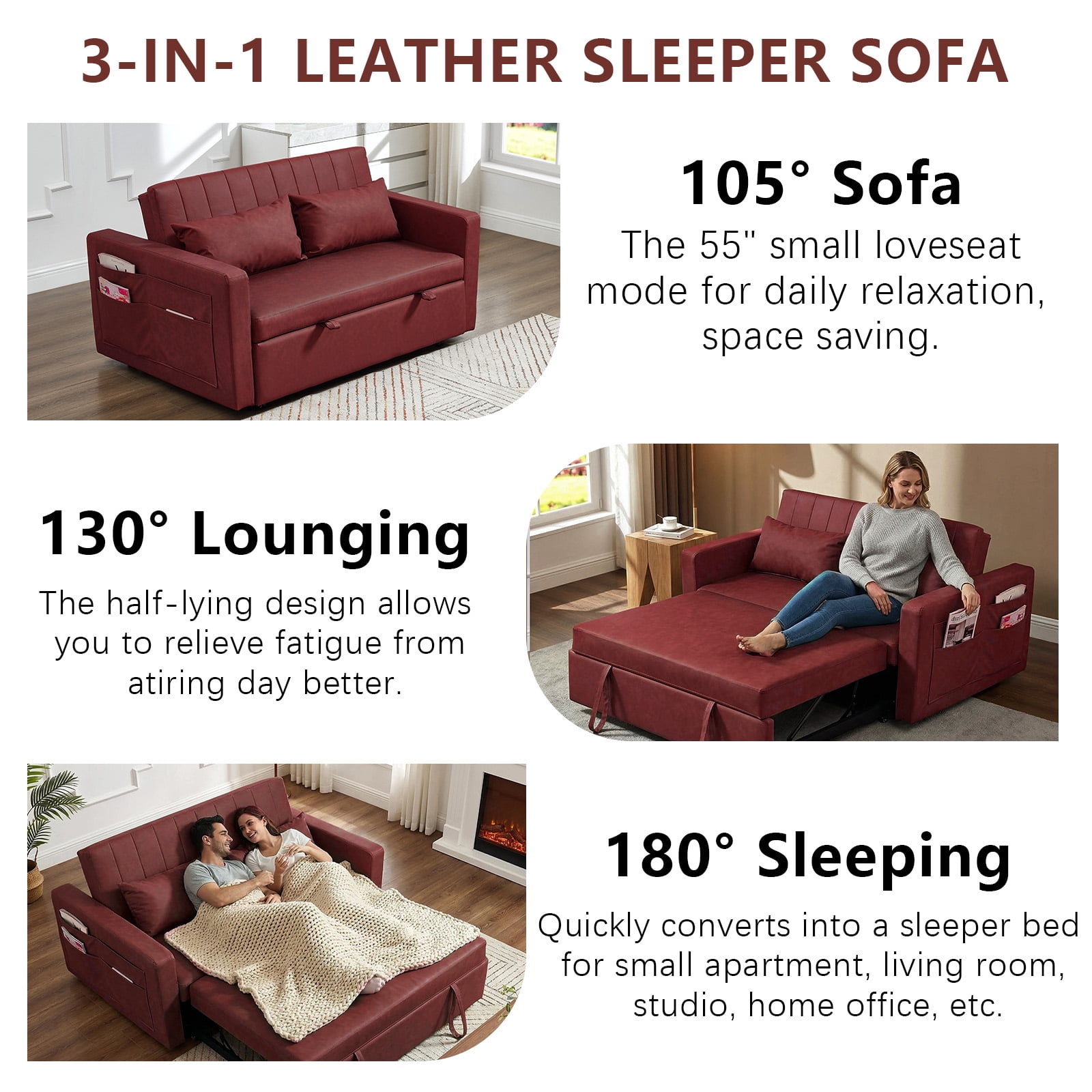 55" 3 in 1 Convertible Sleeper Sofa Bed, Leather Pull Out Sofa Bed, Loveseat Sleeper, Futon Sofa Couch with Side Pocket for Living Room, Apartment, Bedroom,Burgundy