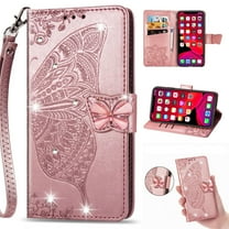 for iPhone 16e Phone Case Wallet, Women Flip Folio Cover with Credit Card Holders Diamond Emboss Butterfly Flower PU Leather Purse Wrist Strap Kickstand Case for iPhone 16e, Rosegold