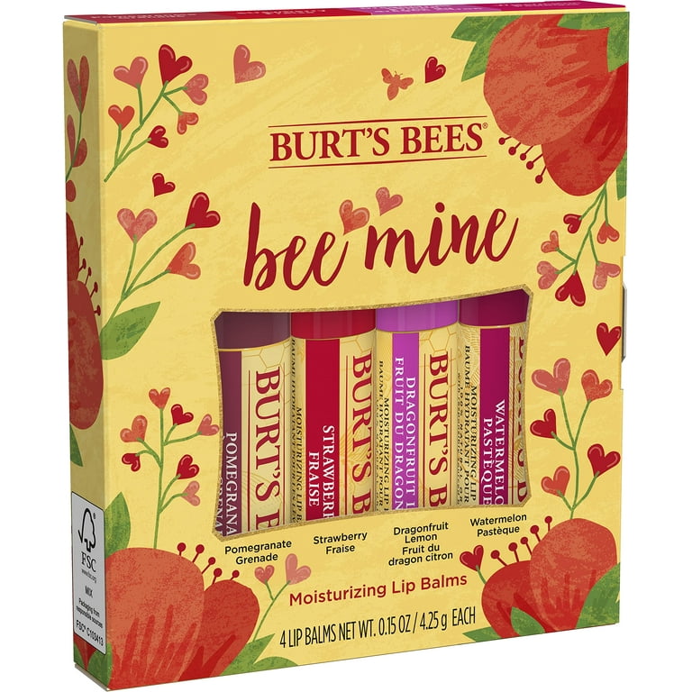 Burt,S Bees Lip Balm, Nourishing Lip Care Products For All Day Hydration,  Bee Mine - Strawberry, Dragonfruit Lemon, Pomegranate & Watermelon, 4 Pack 