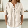 thumbnail image 2 of Daznico Women's Henley V Notch Neck Linen Blend Blouse Short Sleeve Casual Summer Loose Fit Solid Tops,XL, 2 of 6