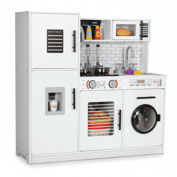 TLSUNNY Kids Play Kitchen, with Washer, Water Dispenser & Stove W/ Realistic Lights & Sounds, Wooden Kitchen Playset for Toddlers Ages 3 