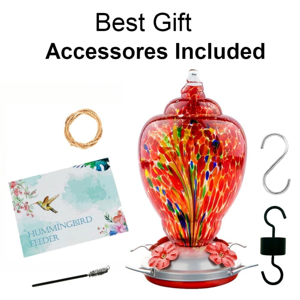 Hummingbird Feeder Red-Firework Hand Blown Glass 32 Ounce Outdoor Patio Use