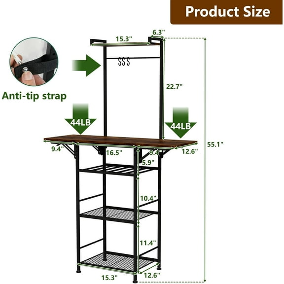 Small Coffee Station, 5-Tier Bakers Rack with Foldable Shelves & Storage, Corner Coffee Stand for Small Space, Rustic Brown