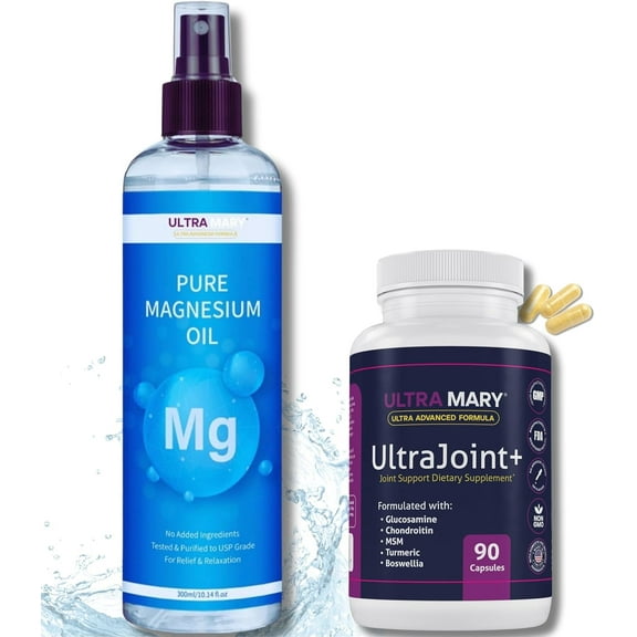 Joint Support UltraMary (90 Capsules) Pure Magnesium Oil Spray(300 ml) Combo–Glucosamine 1500mg, Chondroitin, MSM,Turmeric & Boswellia–Mobility, Flexibility & Muscle Relief|Articulaciones & Músculos