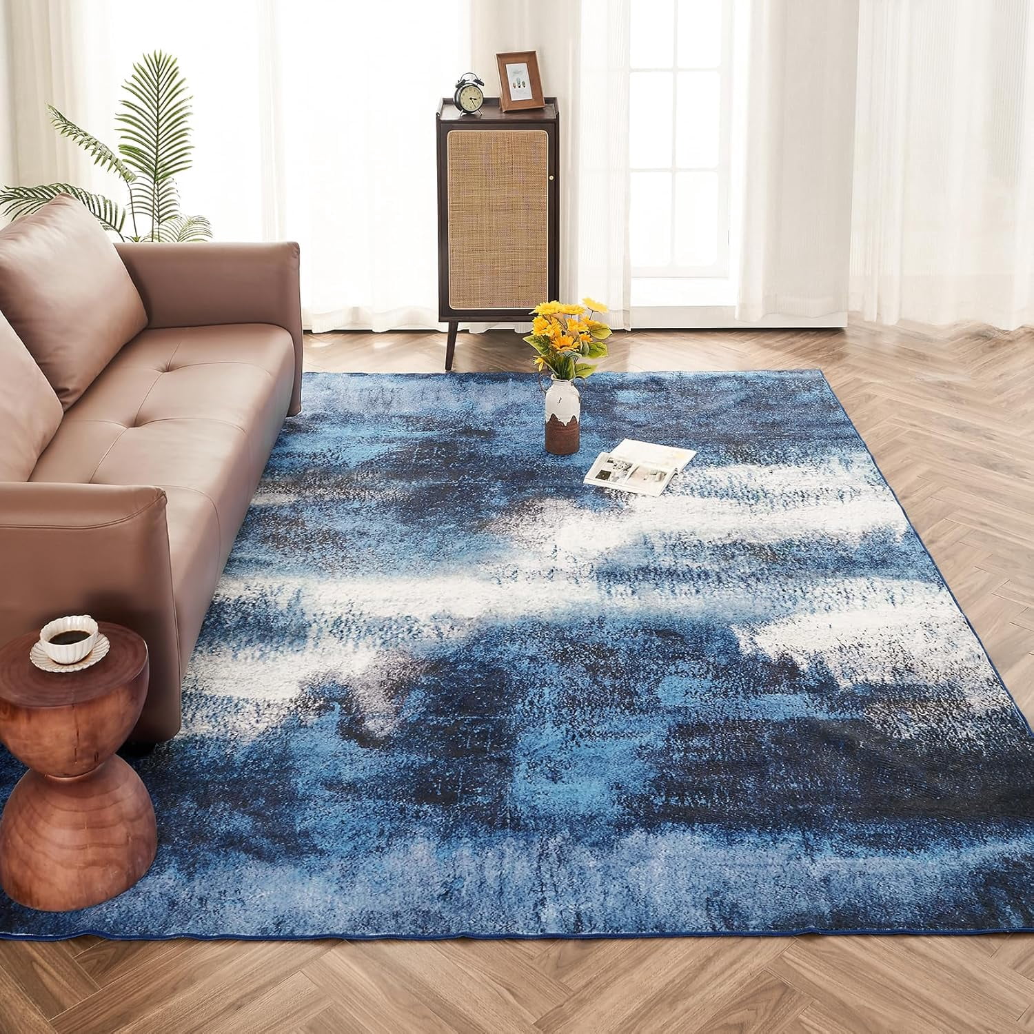 OMERAI Machine Washable Rugs 9'x 12' Modern Abstract Non Slip Rug for Living Room, Bedroom Rug, Farmhouse, Dining Room, Indoor, Blue