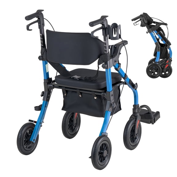 KFFKFF 2-in-1 Rollator Walker and Transport Chair for Seniors, Foldable Lightweight Aluminum Mobility Aid with Solid PU Wheels, Cup and Cane Holder - Supports Up to 300 lbs