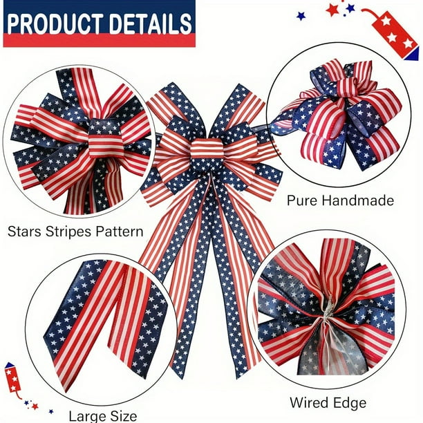 6PCS 4th Of July Patriotic Bows | Red White Blue Stars Stripes Decor | Gold Ribbon Wreath Bows