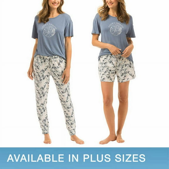 Lucky Brand Women's 3 Piece Pajama Set, Tee, Short, and Pant (Blue Tie Dye, Medium)