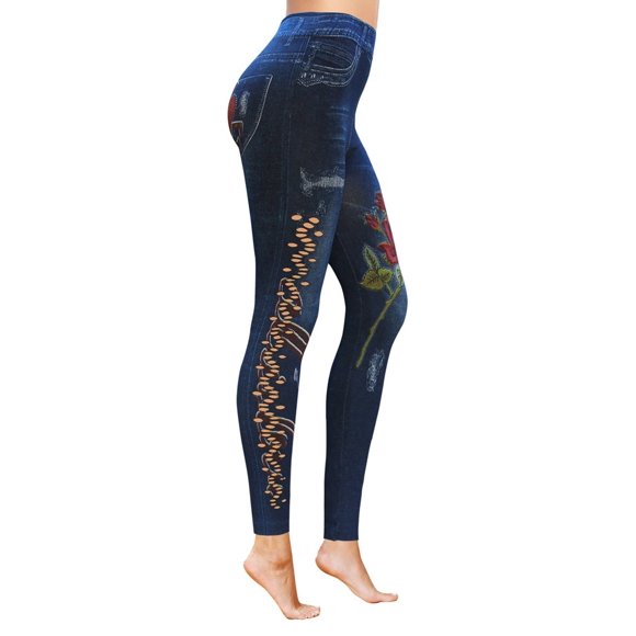 Leggings Confortables - Jeggings Sans Coutures pour Femmes à Taille Haute - Longueur Cheville - Jeggings Effet Jean Collants Contrôle du Ventre Leggings d'Entraînement pour Femmes - Bleu - P-M