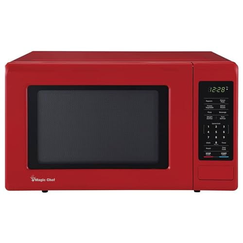 Horno microondas pequeño de encimera Magic Chef de acero inoxidable de 900 vatios y 0.9 pies cúbicos para espacios compactos con 6 modos de cocción preprogramados, color rojo