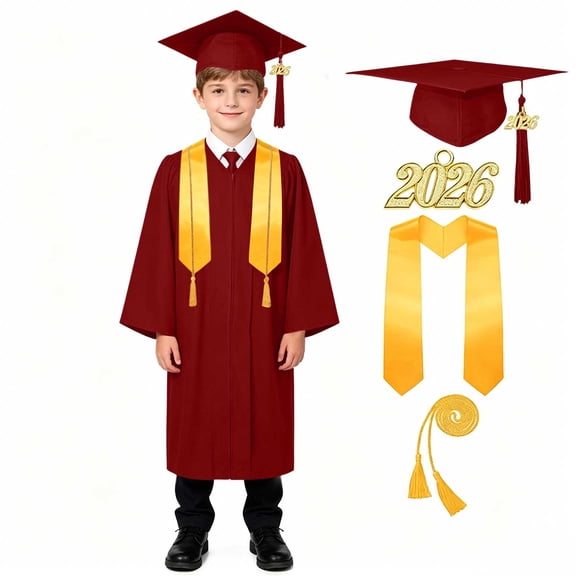Odeerbi 5-17 Years Kids Teen Boys Girls Graduation Gown Set Solid Color Long Sleeve Robe with Stole, Cap & Honor Cord, Complete 4-Piece Outfit