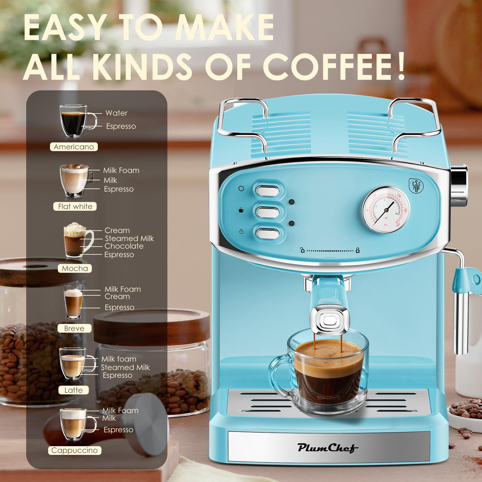20 Bar Retro-Style Espresso Machine with Milk Frother, ESE Pod Compatible, Pressure Gauge, 54 oz Food-Grade PP Removable Water Tank, Ideal for Home Barista,Sky Blue