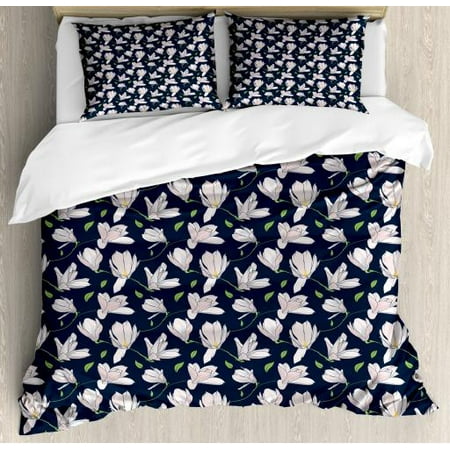 Pink And Navy Baby Bedding Magnolia Queen Size Duvet Cover Set, Japanese Sakura on Blue Shade Background Spring Season Pattern, Decorative 3 Piece Bedding Set with 2 Pillow Shams, Baby Pink Dark Blue and Green, by Ambesonne ()