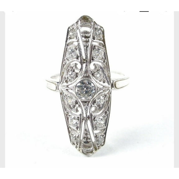 Antique Bezel Set Diamond Ring, Vintage Elongated Dinner Engagement Ring, 2.1 Ct Simulated Diamond, 925 Sterling Silver, Openwork Filigree Milgrain Dinner Ring