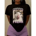 thumbnail image 2 of Camiseta de cuello redondo con estampado de gato adorable y loca + camiseta informal de manga corta para primavera y verano + ropa deportiva para mujer, 2 of 7
