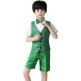 thumbnail image 4 of CUZIBR Boys Formal Dresswear Suit Sleeveless V Neck Button Down Sparkly Sequin Vest+Dress Shirt+Shorts+Bowtie Performance Stage Party Show For Kids Outfits Spring Fall Clothes,Green,3-4 Years, 4 of 4