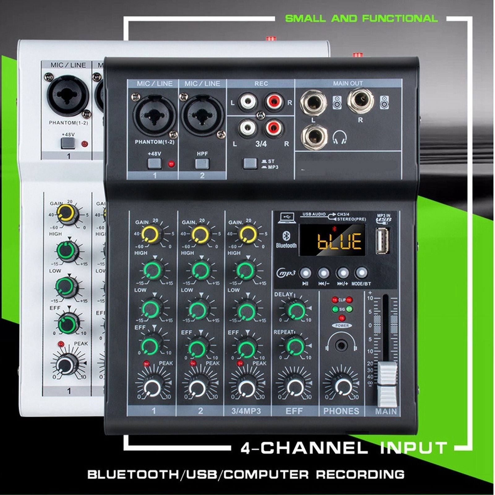 Professional Digital DJ Mixer Console 4 Channel Audio Mixer with USB Port Supports Bluetooth Connection Playback White