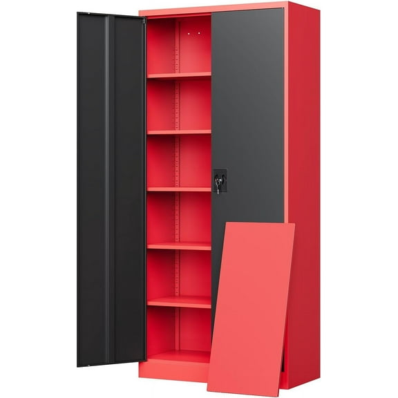 72" Steel Heavy Duty Tool Cabinet with Lock Doors and 5 Shelves, Yizosh Metal Garage Storage Cabinet for Garage, Office, School (Red Black).