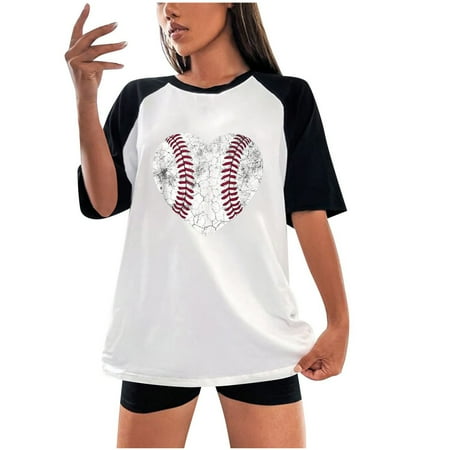 

kakina CMSX Sexy Plus Size Womens Tops Fashion Summer Round Neck Leisure Short Sleeve Baseball Printed Tops Summer Blouses 2023 Casual White M