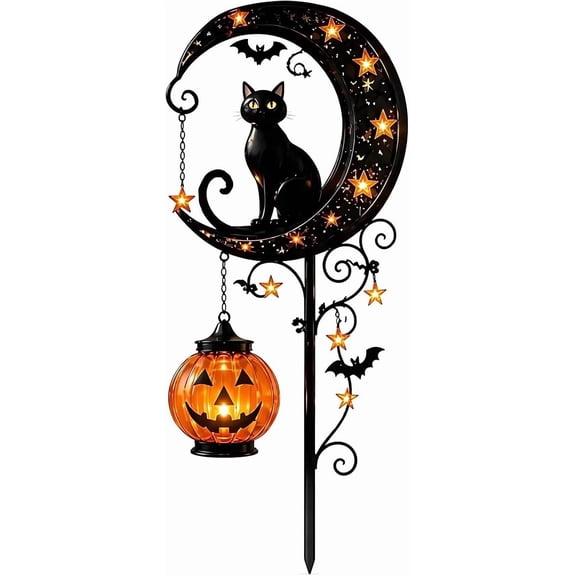 2026 New Waterproof Halloween Pumpkin Moon Garden Stake Light Tall Stake Solar Powered Black Cat & 2 Pumpkin Yard Pathway LED Lights Outdoor Jack O Lanterns Decor Lawn Walkway Decorations,Model C
