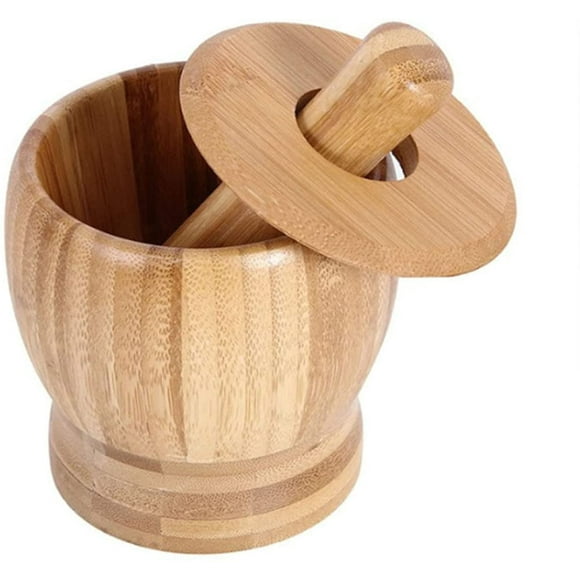 Bamboo Mortar and Pestle, Wooden Hand Grinder Garlic Press with Lid Chopper for Garlic Coffee Herb Smash Press, Pestle and Mortar Bowl Set Crusher for Pepper Spice Pounder Ginger