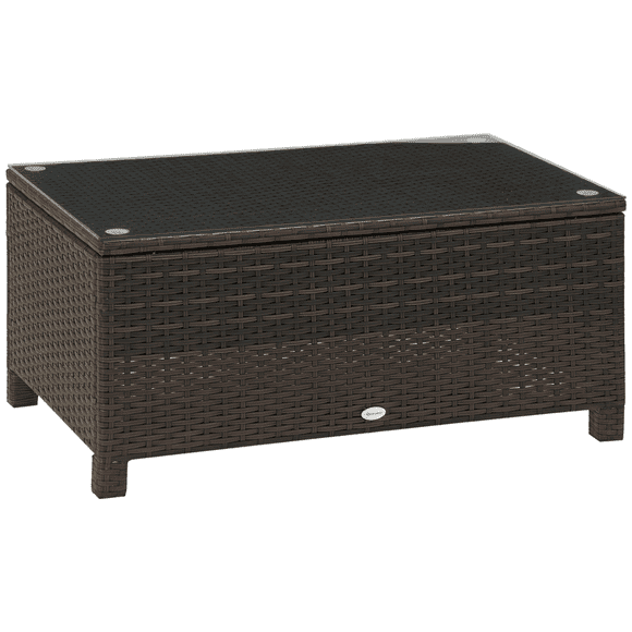 Outsunny Rattan Coffee Table, Patio Side Table, Hand-woven Wicker Furniture with Tempered Glass Top Outdoor Garden Patio, Brown