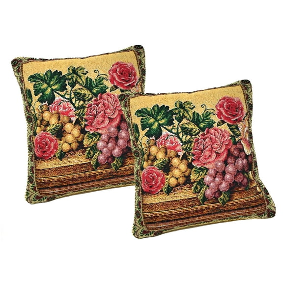 DaDa Bedding Set of 2-Pieces Parade of Fruit and Roses Throw Pillows - Botanical Floral Elegant Woven Square Decorative Toss Accent Cushion Covers with Inserts - 2-Pieces - 18" x 18"