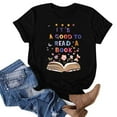 thumbnail image 2 of Women's Flora Book Graphic Tees Short Sleeve Loose Fit Flowy Tunic Tops Dressy Casual Tops Vintage Round Neck Blouse Book Lover T shirts Fashion 2024 Summer Clothes for Teen Girls Black T Shirts S, 2 of 3