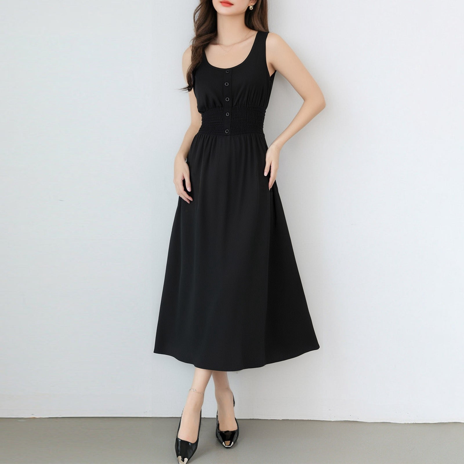 Womens Summer Dresses Sleeveless Button Down Smocked Empire Waist Casual A Line Swing Midi Dress E Dresses for Women Knit Dresses for Women Athletic Dress Dress Loose Casual Dress T Shirts for Dress