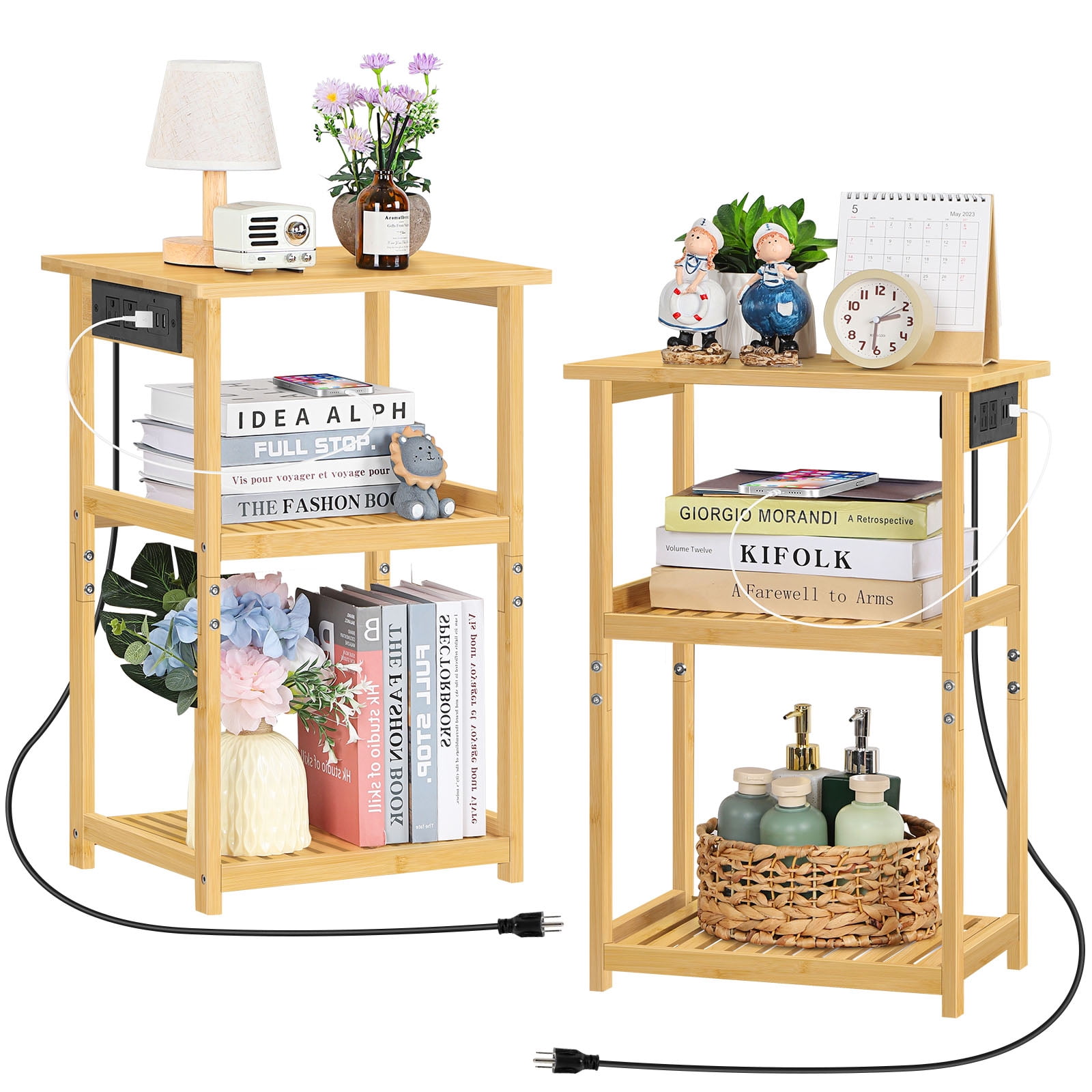 2 Pack Wood Bamboo Nightstand with Charging Station, 3鈥慣ier Open Shelf End Table for Bedroom Living Room