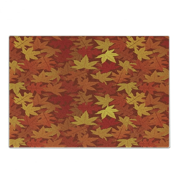 Orange Cutting Board, Colorful Autumn Fall Season Maple Leaves in Unusual Designs Nature Print, Decorative Tempered Glass Cutting and Serving Board, Small Size, Burnt Orange, by Ambesonne