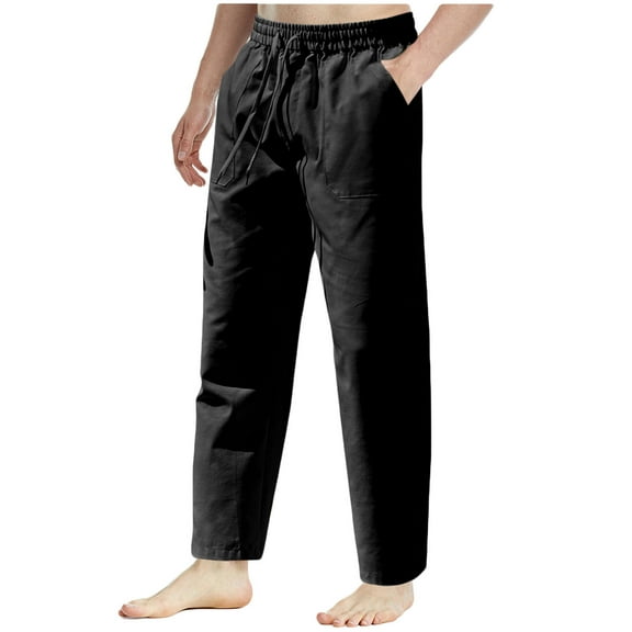 Aofany Men Elastic Waist Casual Trousers High Waist Drawstring Pockets Pants Straight Outdoor Pants