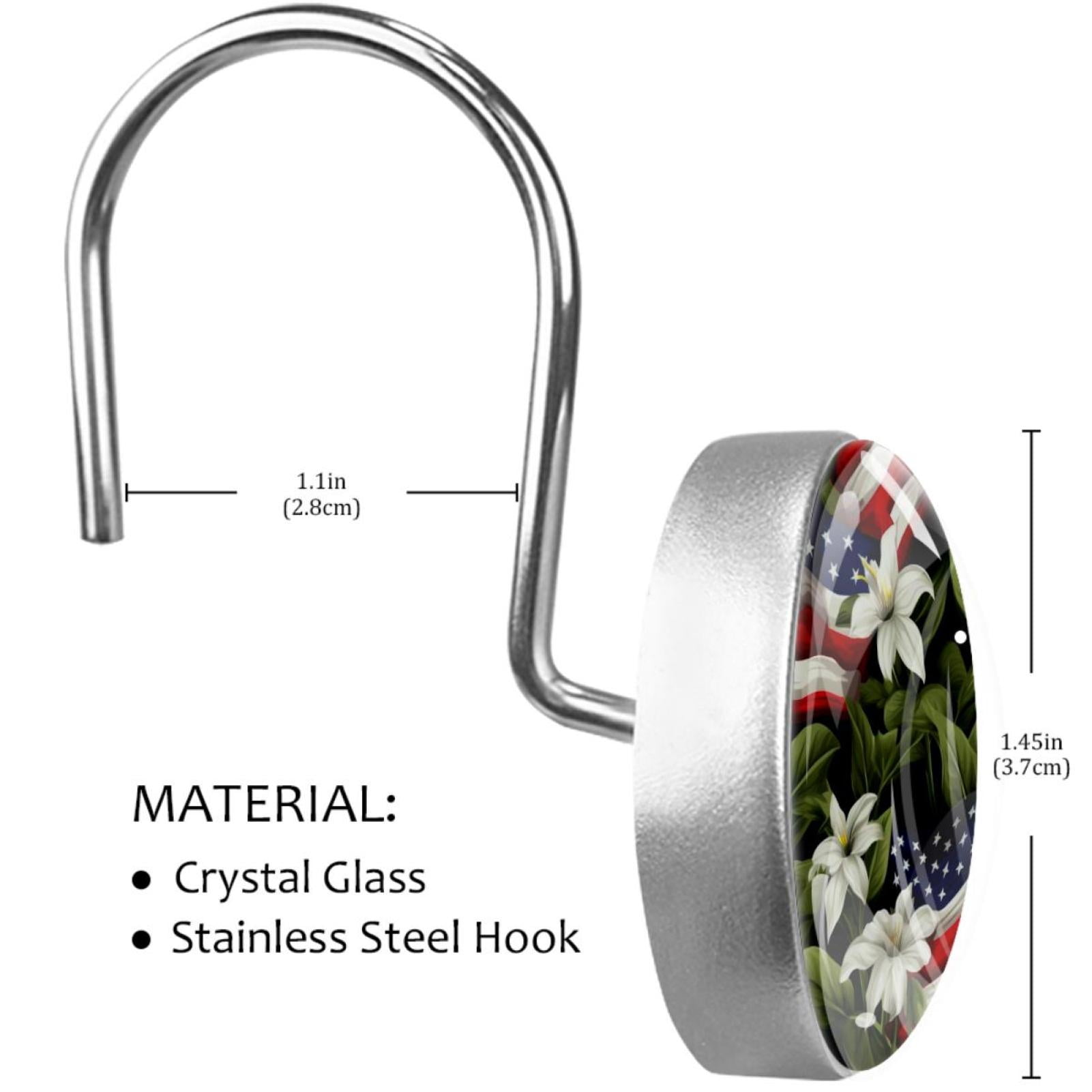 12 Pack Round Shower Curtain Hooks Crystal Glass Shower Rings American Flag and Plants Curtain Hooks Home Decoration