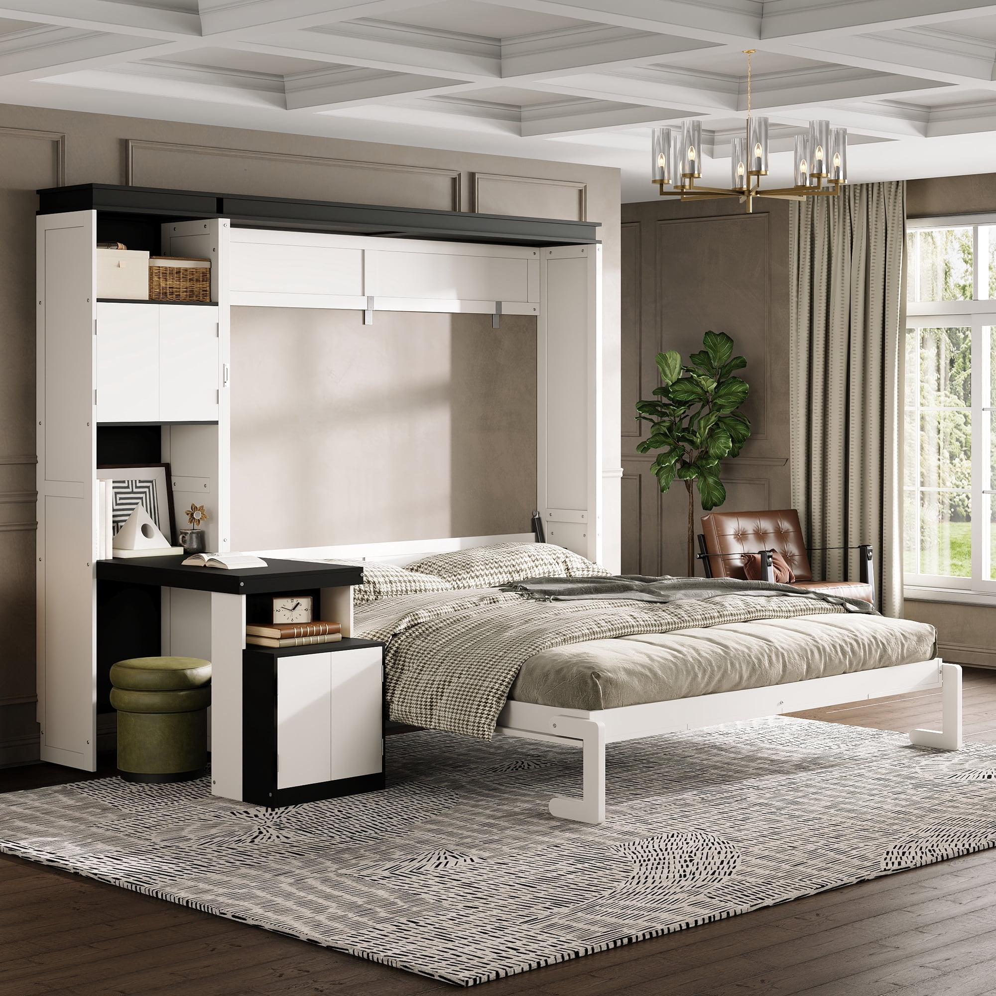 Queen Size Murphy Bed with Desk and Storage Shelves and Cabinets for Small Space, Guest Room