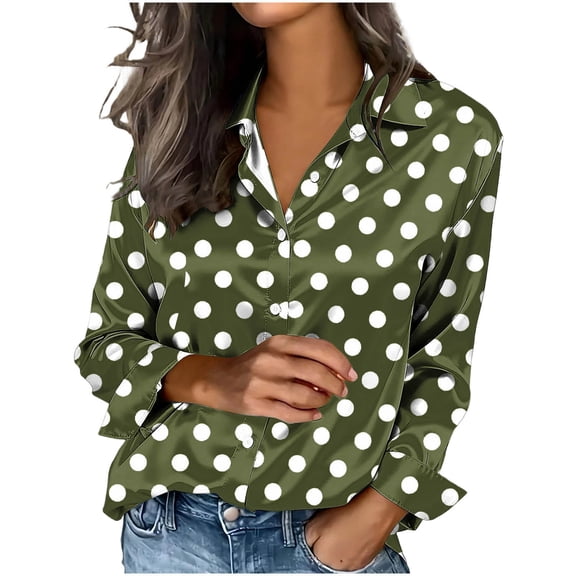 Sexlip Womens Polka Dot Print Blouse Tie Front Design Lightweight Fabric Relaxed Silhouette for Brunch Outings Green M