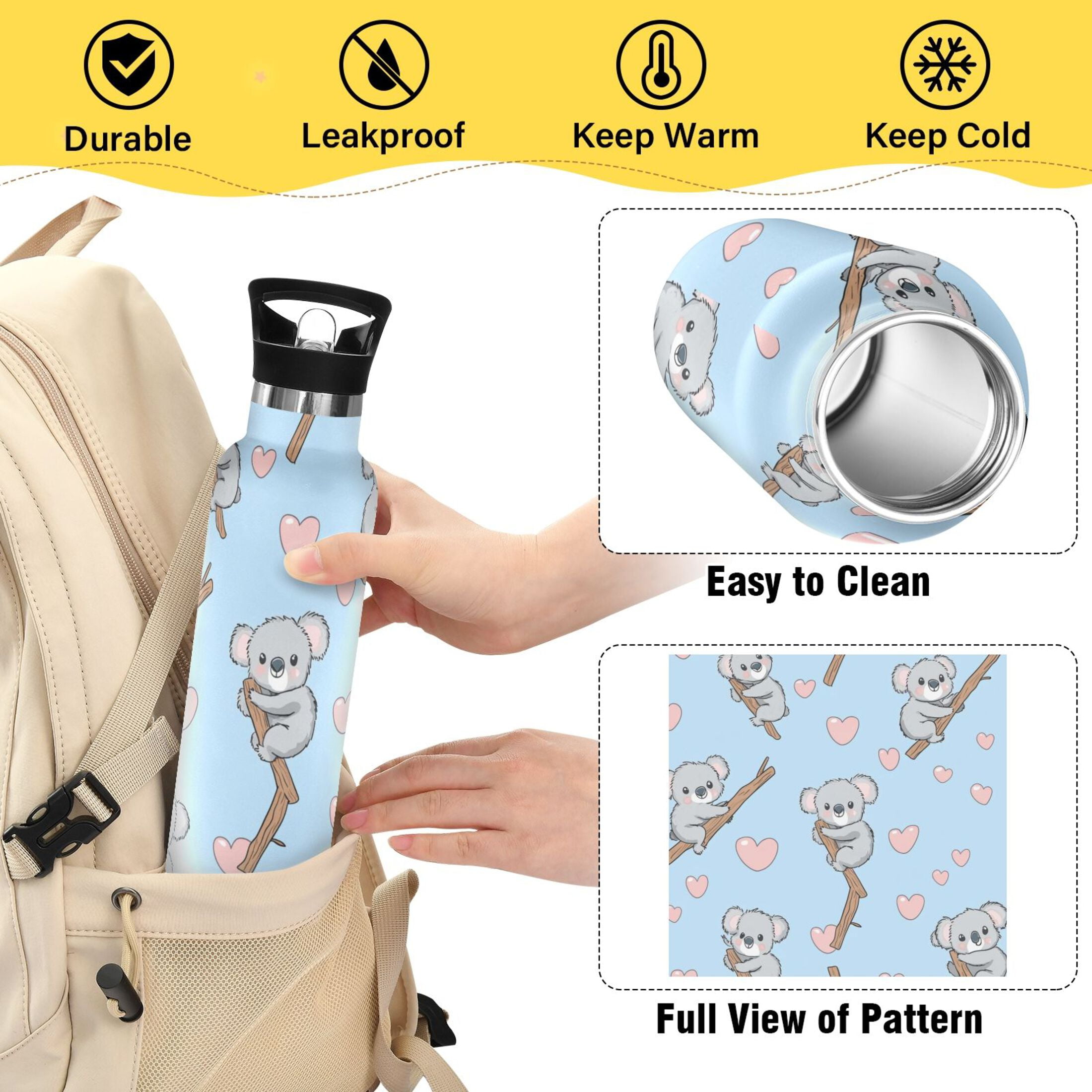 Kids Insulated Stainless Steel Sports Water Bottle 600ml (20oz) Cute Koala Pattern