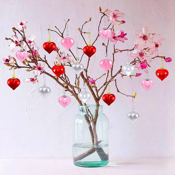 RENACLIPY 36PCS Valentine Day Heart Glass Ornaments Plastic Heart Decor for Office Decoration