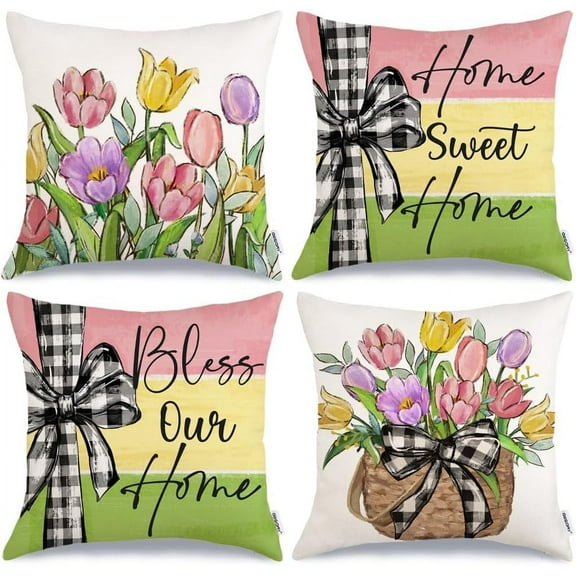 Spring Summer Throw Pillow Covers 18x18 Inch Set of 4, Floral Tulips Striped Bow Home Sweet Home Bless Our Home Farmhouse Decorative for Home Decoration G510-18