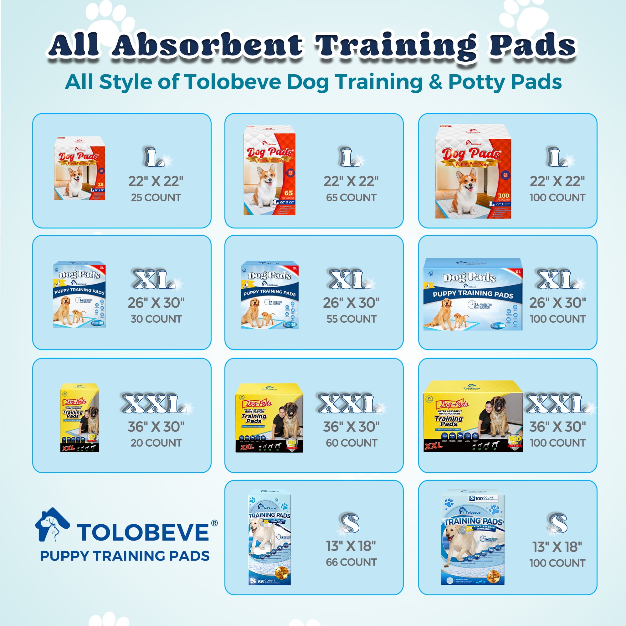 Tolobeve Puppy Dog Absorbent Training Pads, XL, 26 in x 30 in, 55 Count Disposable Pee Pad