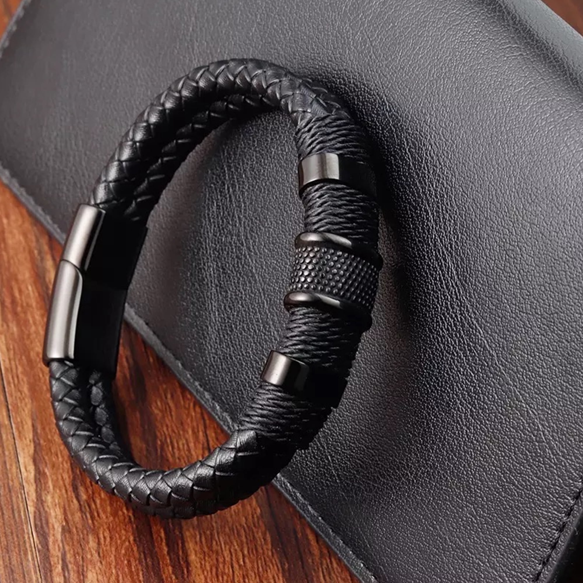 Double Layer Woven Leather Rope Bracelet for Men in 3 Lengths, Black, 9.0 in