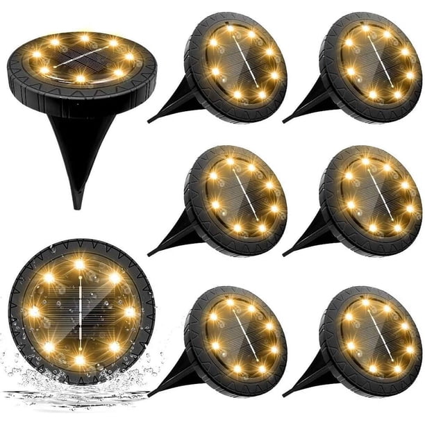 Paquete de 4 luces solares para exteriores de 8 LED, iluminación de jardín blanca cálida, focos LED impermeables, luces solares decorativas para césped, camino, entrada y terraza.
