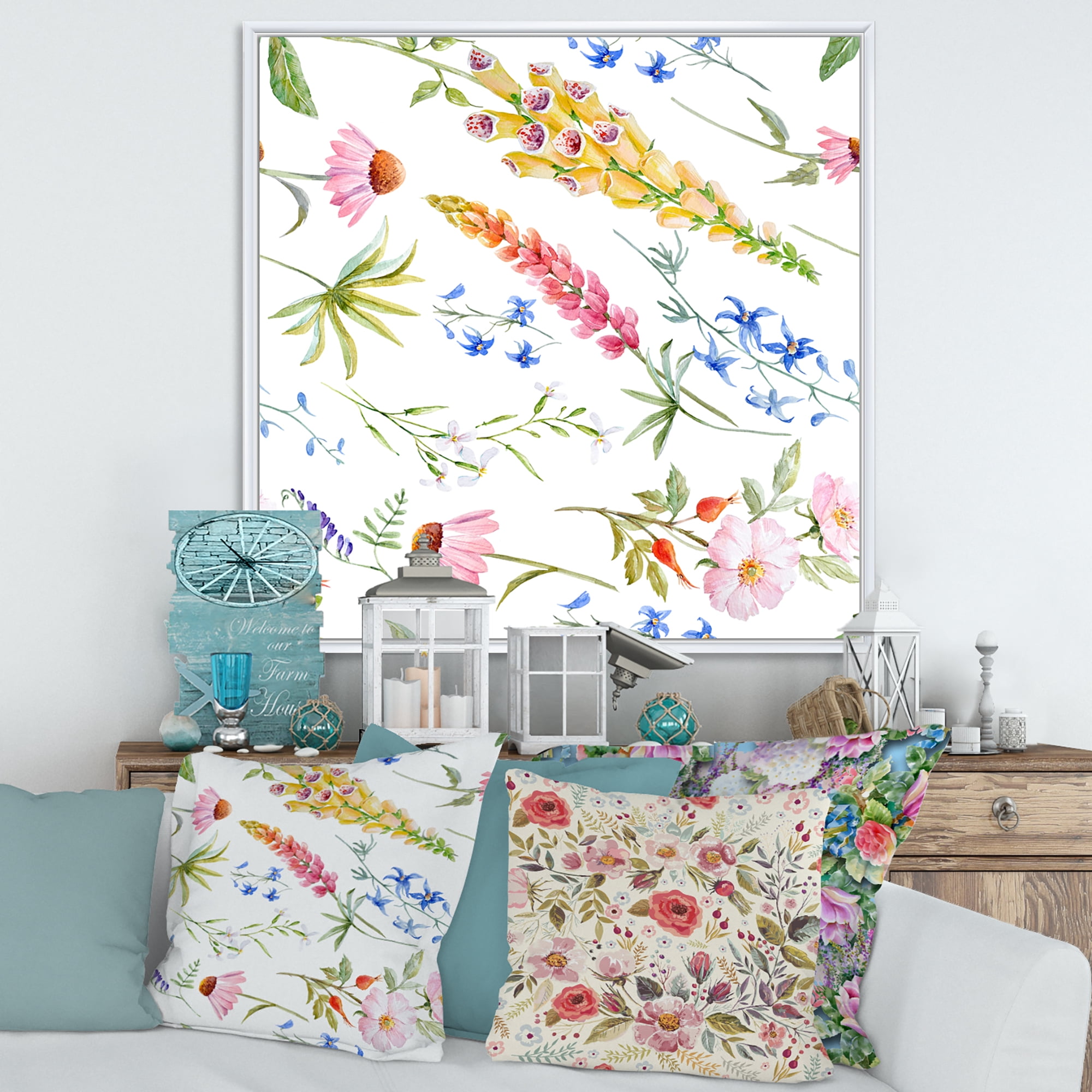 Designart 'Vibrant Summer Wildflowers On White I' Traditional Framed Canvas Wall Art Print