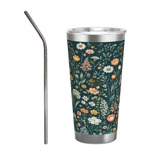 20oz Dark Teal Wildflower Car Tumbler Insulated Travel Cup with Handle and Straw Lid Floral Gift with Stainless Steel Straw
