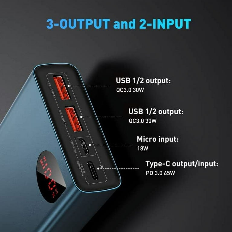 Baseus 65W 30000mAh Power Bank USB Type C PD Fast Charge Laptop External  Battery