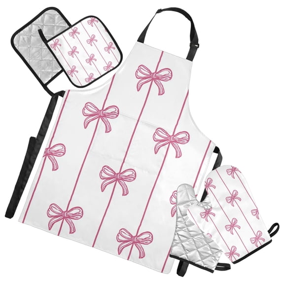 Pink Bows Hand Painted Lines Apron Set with Oven Mitts Pot Holders Set of 5 Kitchen Stuff Accessories