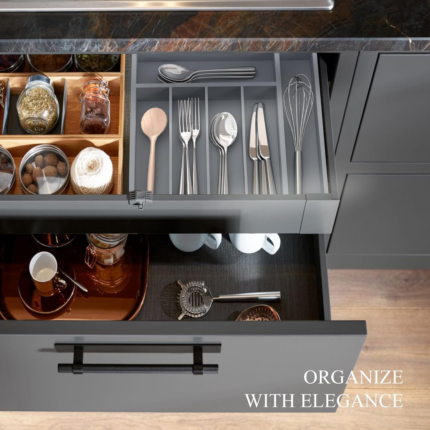 UniVerse Bamboo Silverware Organizer, Kitchen Drawer Organizer, Utensil Holder, Cutlery Tray & Spoon Flatware Storage with Grooved Drawer Dividers (7 Slots, Grey)