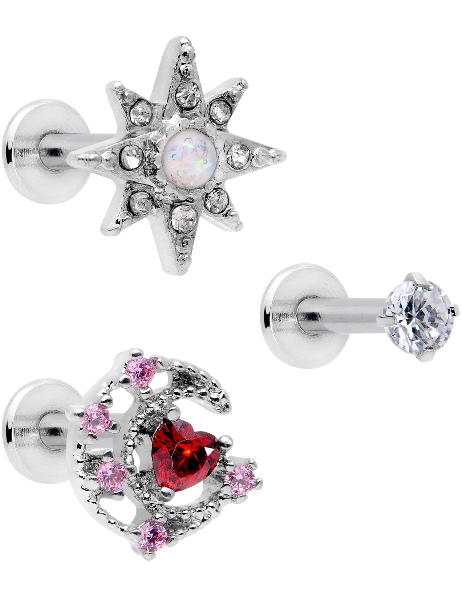 Body Candy 16G Womens Steel 3Pc White Accent Moon Star Labret Monroe