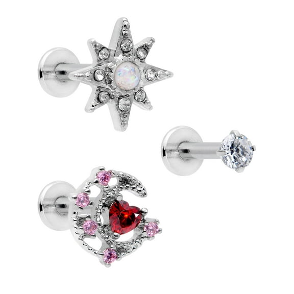 Body Candy 16G Womens Steel 3Pc White Accent Moon Star Labret Monroe Lip Ring Cartilage Tragus 5/16"