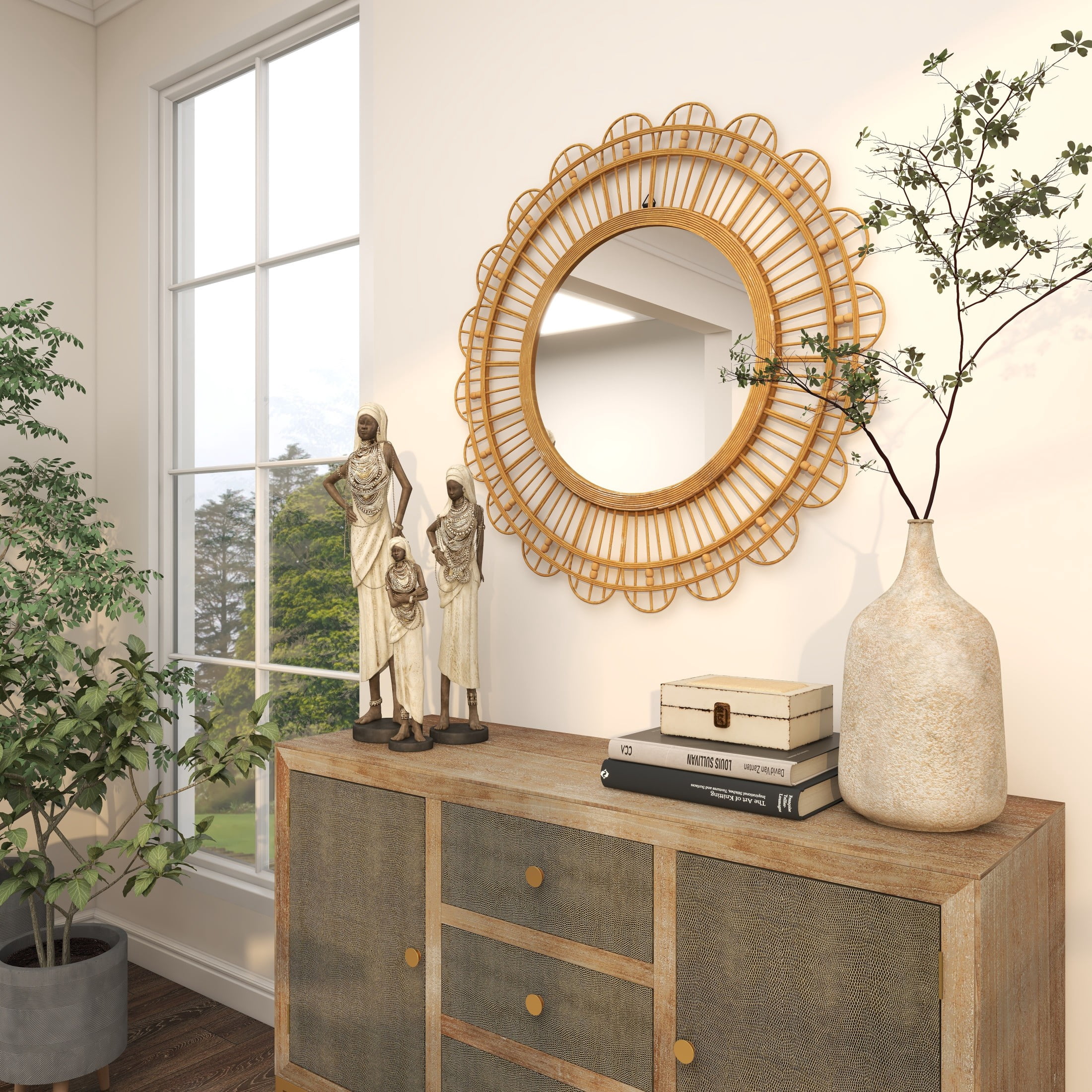 DecMode 35" x 35" Brown Handmade Woven Floral Wall Mirror with Beaded Accents