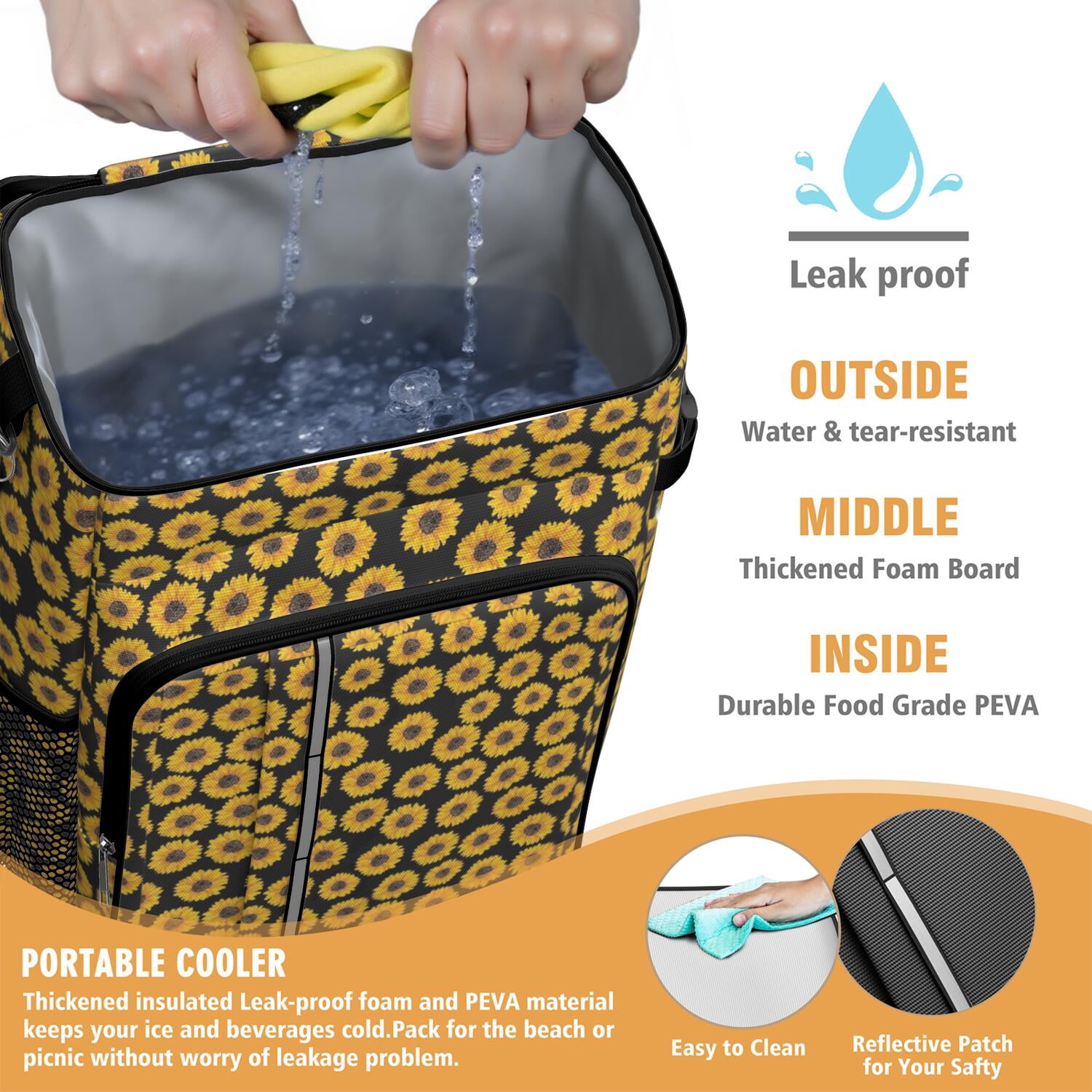 Travel Cooler Bag - Black Sunflower Camping Beer Cooler Backpack with Bottle Opener- Waterproof Insulated Picnic Backpacks - Cooler Bag for Beach